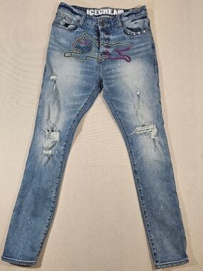 Icecream Light Blue Distressed Skinny Jeans with Multicolor Embroidery 32x32